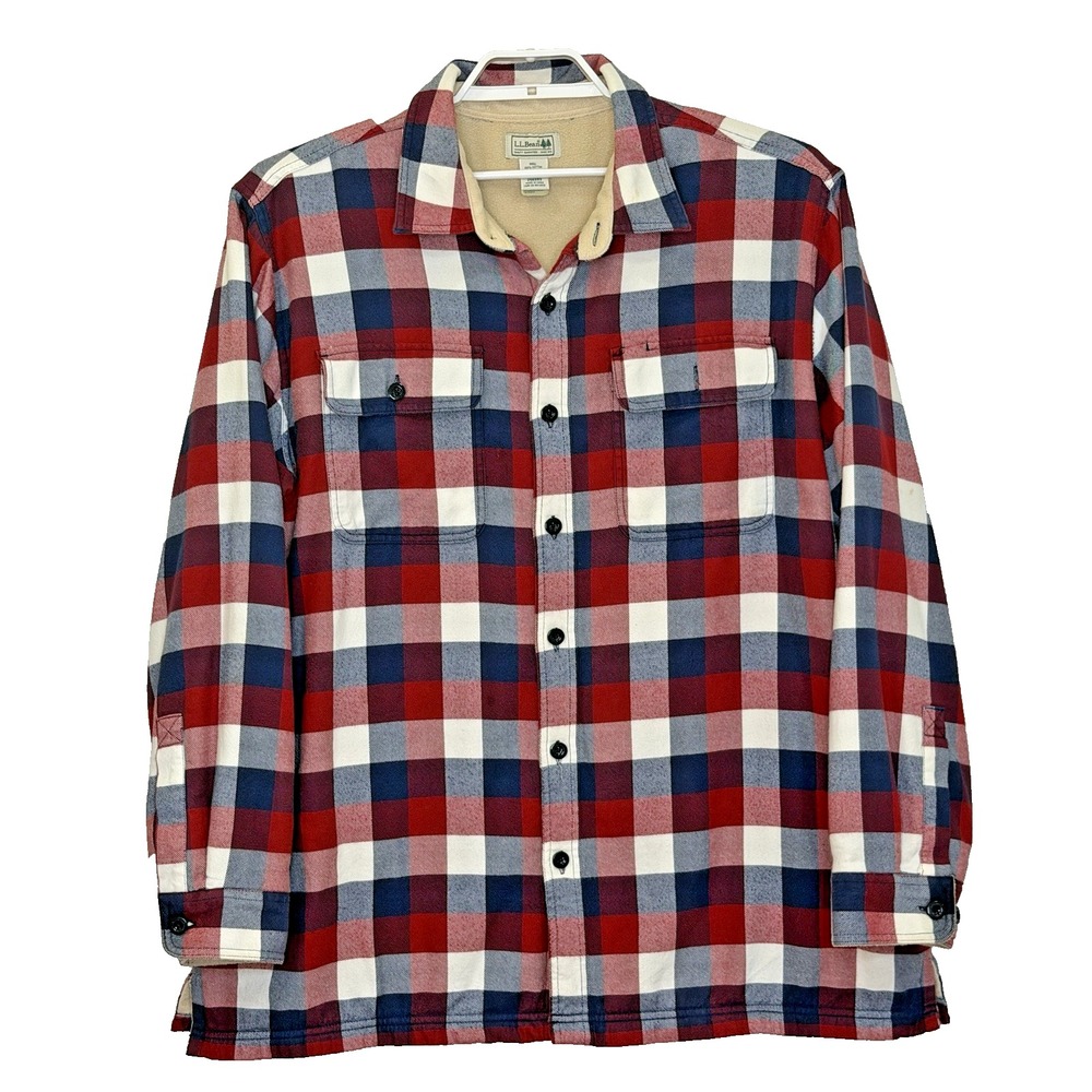 LL Bean Flannel Fleece Lined Button Front Shirt Mens XL Regular Red Blue Check